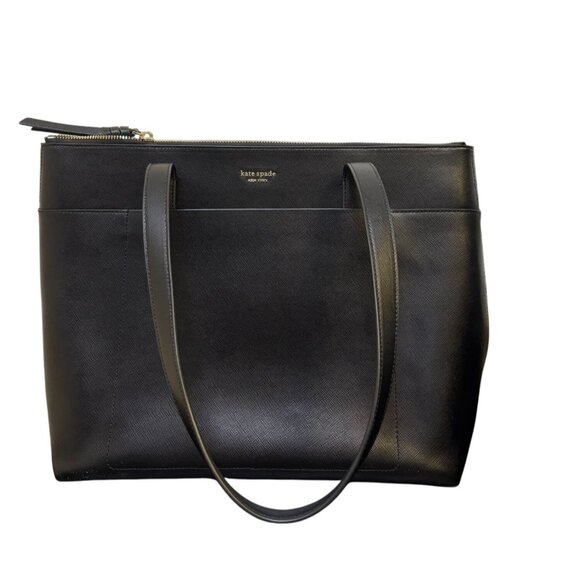 Kate Spade New York Black Leather Tote Bag With Zip Closure - Picture 1 of 6